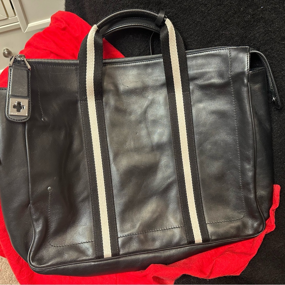 Bally Black Leather Briefcase with Dual Striped Handles